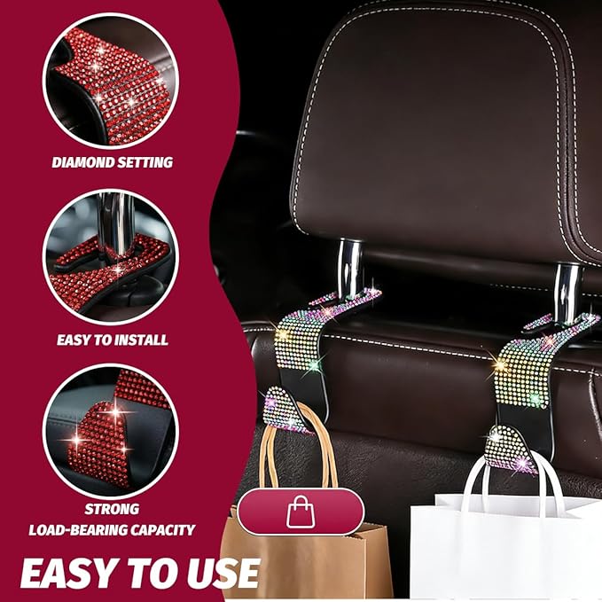 4PCS Bling Car Seat Headrest Hooks, Crystal Rhinestone Vehicle Purse Handbag Coat Hangers Holder, Automotive Interior Storage Organizer Accessories for Women Girls, Universal Fit (Red)