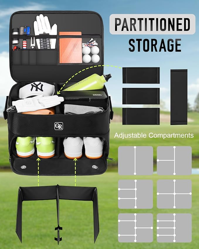 Odor-Absorbing 2-Layer Large Golf Trunk Organizer with Activated Carbon Fabric - Water-Resistant Golf Shoe Bag for Shoes Balls Tees Clothes Gloves Golf Accessories, Fathers Day Dad Gifts for Men