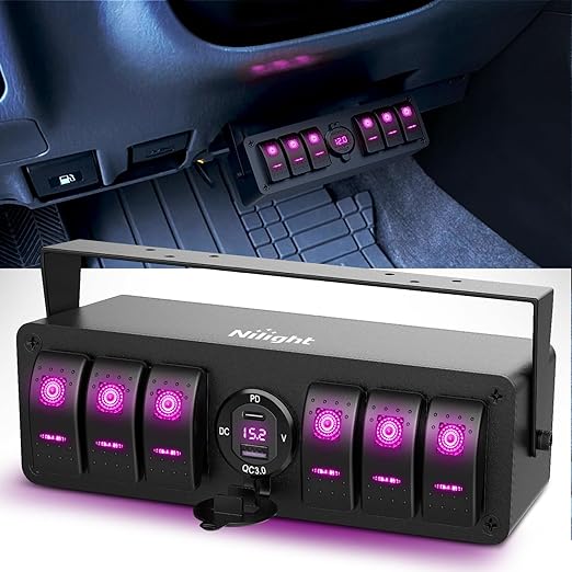 Nilight 6 Gang Rocker Switch Box 12V SPST ON Off Toggle Switches PD Type C and QC 3.0 USB Sockcet Voltmeter Purple LED Light Waterproof Aluminum Mount Bracket Panel DIY Stickers for Boat Car RV Truck