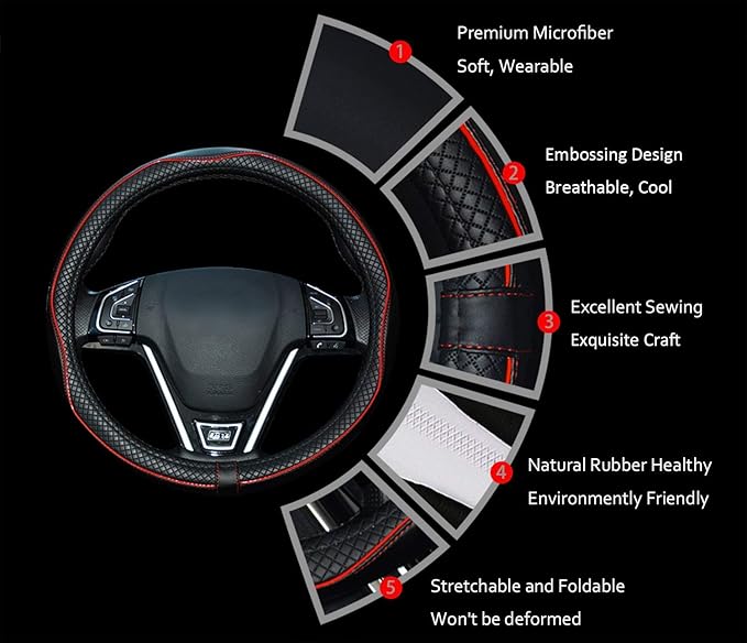 Microfiber Leather Car Steering Wheel Cover, Soft Padding, Durable, No Smell, Universal 15 Inch Steering Cover, Anti-Slip Embossing Pattern A, Black with Red Line