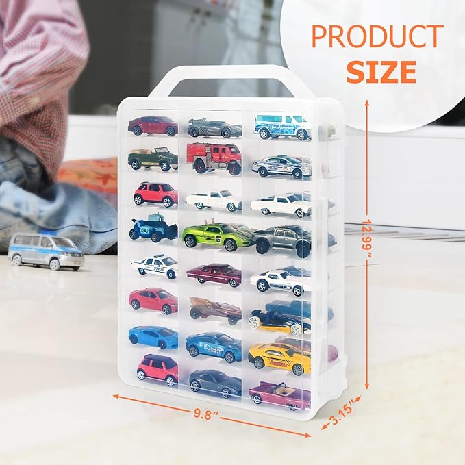 KISLANE Double Sided Storage Case for 48 Toy Cars, Matchbox Cars, Portable Transparent Storage Case with 48 Compartments, Case Only (Transparent)…