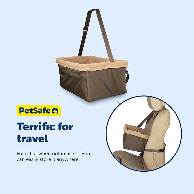 PetSafe Happy Ride Booster Seat for Dogs - Open Road Comfort - Safe Tether System - Zipper Pouch Dog Seat - Machine Washable Fleece Liner - Easy Install Design - Brown - Up to 12 lb