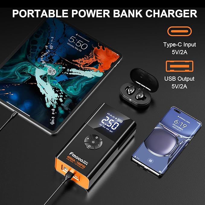 Jump Starter with Air Compressor, 4000A 180PSI, Portable Car Battery Jump Starter (All Gas/12L Diesel) 12V Automobile Jump Box Pack Chargers with Jumper Cables, 4-Mode LED Lights