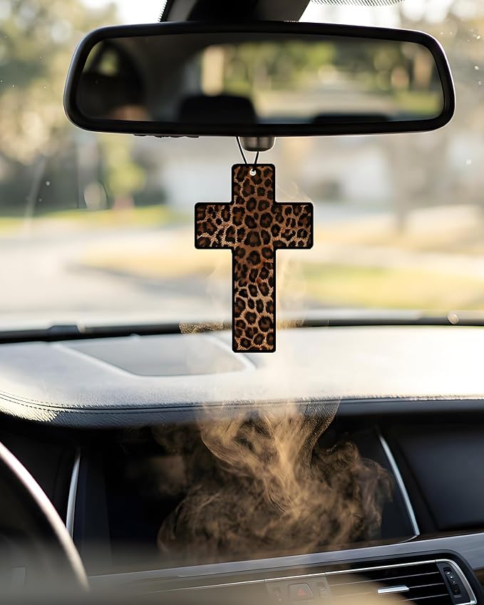 Leopard Print 5pcs Car Air Freshener Corss Christian Cheetah Print Car Accessories Automotive Interior Hanging Scents Mirror Decor for Women Teen Girls