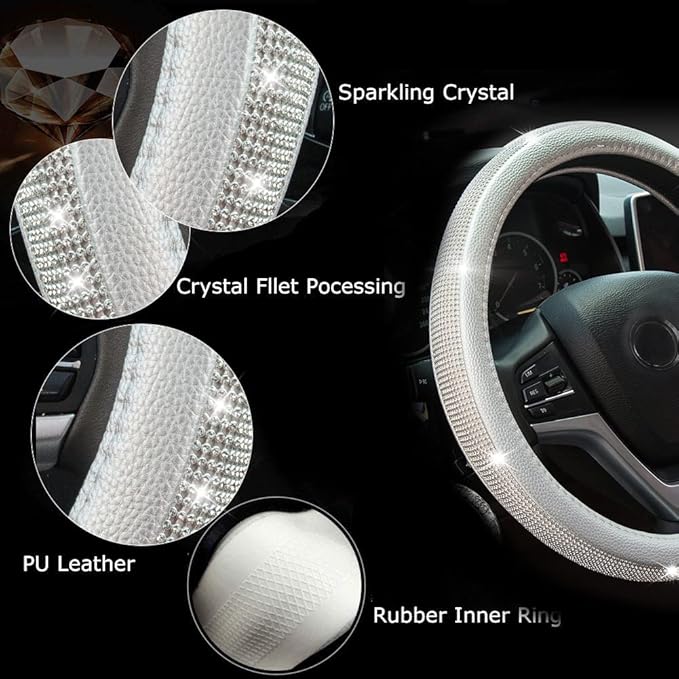 New Diamond Leather Steering Wheel Cover with Bling Bling Crystal Rhinestones, Universal Fit 15 Inch Car Wheel Protector for Women Girls Silver