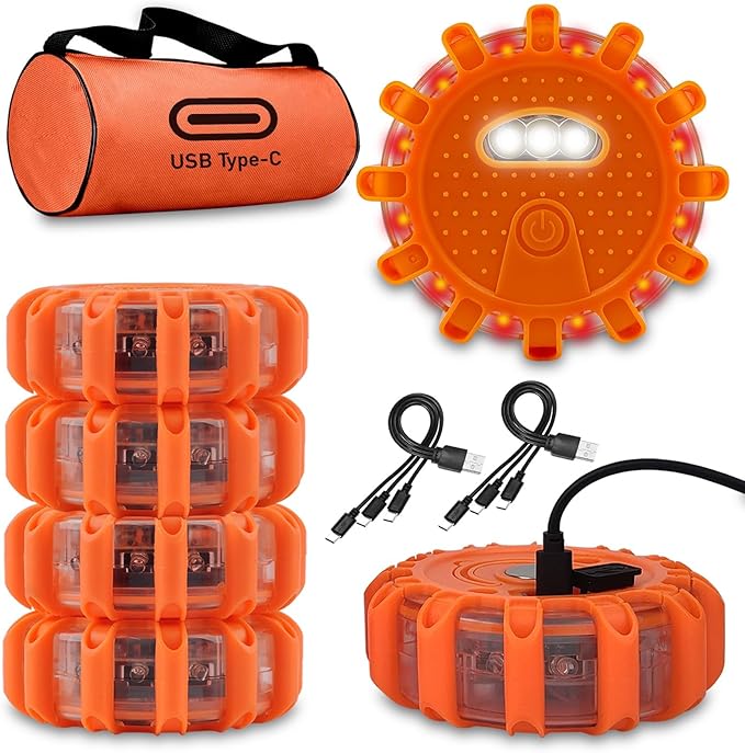 Ecoangel USB-C Rechargeable LED Road Flares Emergency Lights-Large Capacity (Lithium Battery) 3 in 1 Cable Roadside Warning Car Safety Beacon Flashing Disc Flare Kit with Magnetic Base for Vehicles