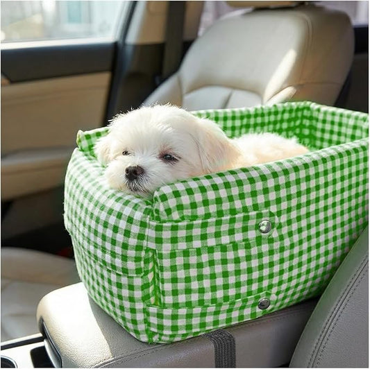 Craedli Center Console Dog Car Seat, Removable Car Armrest Box Pet Booster Seat with Safety Leash & Cushion, Washable Auto Interior Dog Carseat for Small Pets, Fit Most Cars (Green)