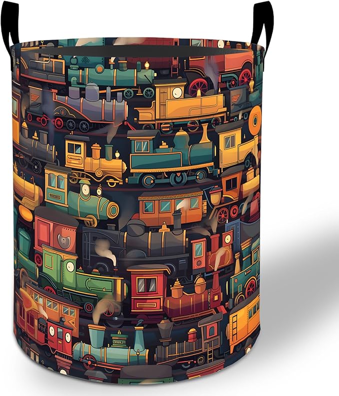 Train Laundry Basket Hamper 19.7"x15.8", Steam Train Foldable Waterproof Oxford Clothes Storage Bucket for Room Bathroom Bedroom Nursery Decor, Toy Organizer Bins Gifts for Kids Boys Girls