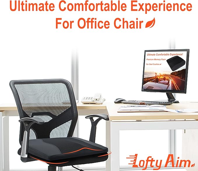 Lofty Aim Car Seat Cushion, Comfort Memory Foam Car Cushions for Driving - Sciatica & Lower Back Pain Relief, Driver Seat Pillow for Auto, Office Chair, Wheelchair - Black