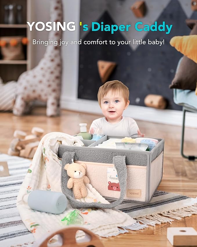 YOSING Diaper Caddy Organizer for Changing Table, Newborn Caddy for Car Travel, Nursery Storage and Car Organizer for Diapers and Baby Wipes, Gray+ White