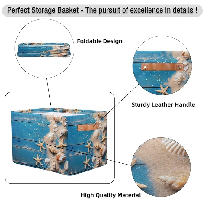 Blue Wooden Board Storage Baskets for Organizing, Fabric Collapsible Storage Bins Box Seashells Decorative Toy Organizer Baskets for Closet Shelves Gift Basket 2Pcs