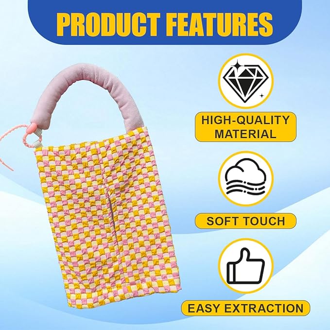 Car Tissue Holder, Checkered Pattern Car Backseat Napkin Holder, Rectangular Canvas Hanging Auto Tissues Box, Universal Vehicle Storage Organizer Accessory for Phone, Small Items (Pink)