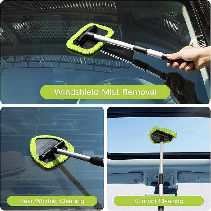 Qydipclin 10pcs Windshield Cleaning Tool Inside Car Window Cleaner Wash Kit with 4 Reusable Microfiber Pads 1 Spray Bottle and Extendable Handle Interior Auto Glass Wiper Kit, Green