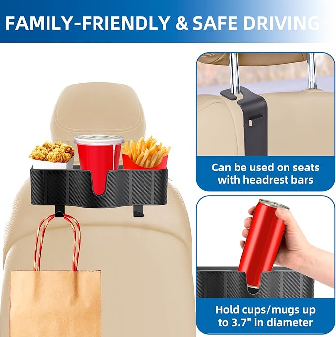 OUSHASAA 3-in-1 Car Headrest Backseat Organizer with 3.7" Backseat Cup Holder for Car, Seat Back Organizer with Hooks
