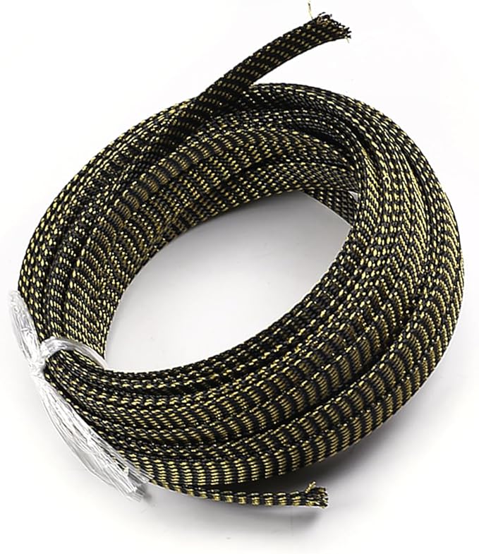 Aicosineg 32.81ft PET Flexible Braided Cable Sleeve 0.44inch Width Wire Loom Sleeving and Organizer Flexible Wire Mesh Sleeve Wrap Protector for TV Audio PC Cords from Pets Chewing Black and Gold