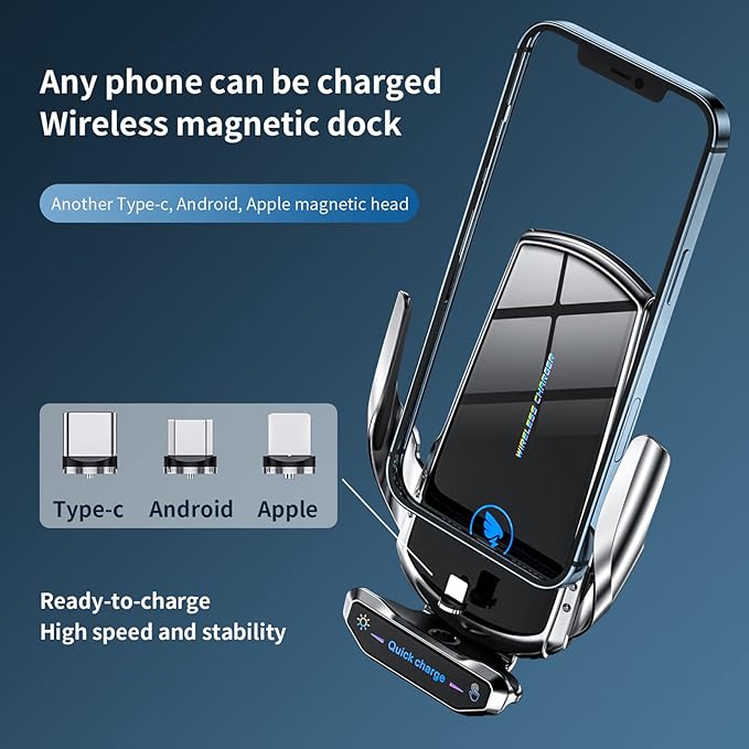 Wireless Car Charger Mount Automotive Electric Induction 15W Fast Charging Auto Clamping Car Phone Holder Mount Wireless Charging Mount Air Vent Phone Holde Compatible with All Android (Silver)
