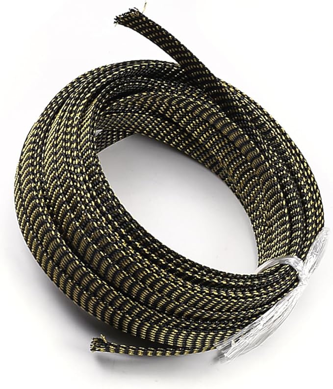 Aicosineg 32.81ft PET Flexible Braided Cable Sleeve 0.44inch Width Wire Loom Sleeving and Organizer Flexible Wire Mesh Sleeve Wrap Protector for TV Audio PC Cords from Pets Chewing Black and Gold