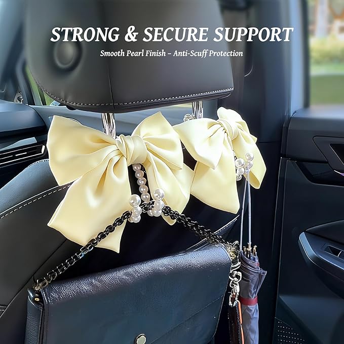 2 PCS Bow Pearl Car Seat Headrest Hook – Cute Purse Hook for Car, Girly Interior Decoration Accessories Hook Hanger, Seatback Holder for Purses & Bags, Elegant Car Organizer (Pearl White)