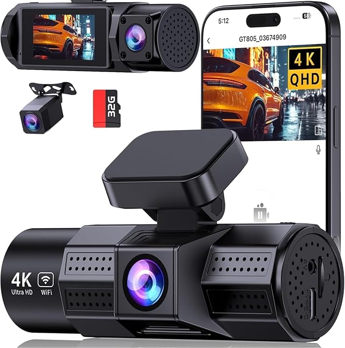 4K 3 Channel Dash Cam Front and Rear Inside, Dash Camera for Cars WDR Night Vision, 2 Inch IPS Screen WiFi App Control, 24H Parking Mode G-Sensor 32GB SD Card Included Support 256 GB Max