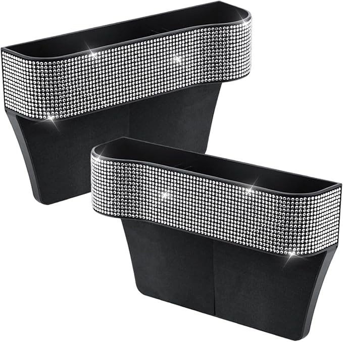 2Pcs Car Seat Gap Filler Organizer, Bling Bling Car Seat Organizer with Cup Holders & Charging Hole, Console Storage with Crystal Rhinestones Diamond