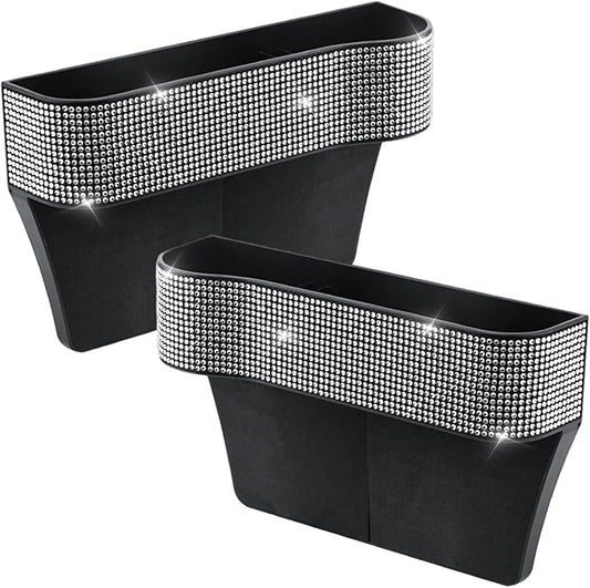 2Pcs Car Seat Gap Filler Organizer, Bling Bling Car Seat Organizer with Cup Holders & Charging Hole, Console Storage with Crystal Rhinestones Diamond