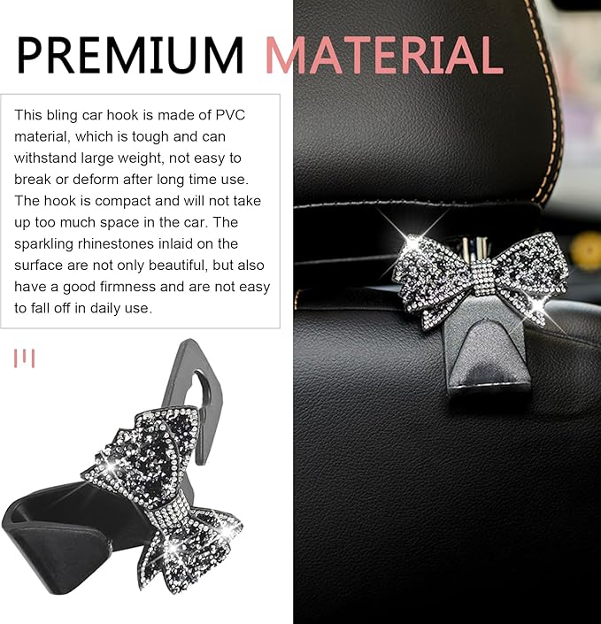 2 PCS Bling Bow Car Seat Headrest Hooks, S Type Crystal Seat Back Hangers, Universal Vehicle Storage Organizer for Handbag, Purse, Coat, Grocery Bags (Black)
