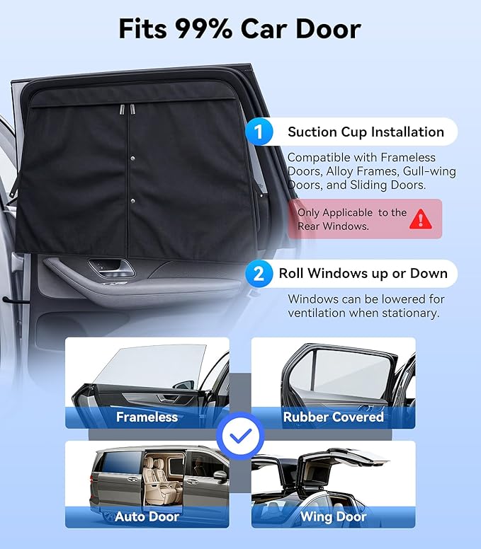 Nmoiss [2026 Upgraded] Car Window Shades for Baby [Ice Crystal Cooling Layer] (2 Pack) 99% UV-Blocker Protection Side Window Curtains Roll Windows Down Privacy Full Covers/Half Shade Options