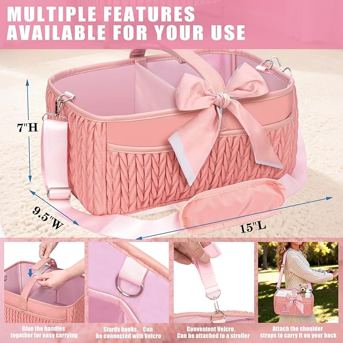 Baby Diaper Caddy Organizer - Large diaper basket with Adjustable Shoulder Strap, Portable Car Travel Tote Bag with Stroller Clips, Essential Newborn Girl Registry Gift, Pink