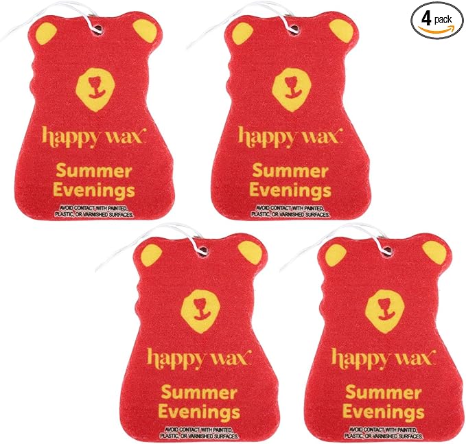 Happy Wax Summer Evenings Hanging Car Cub Air Freshener - Scented and Infused with Natural Essential Oils - Cute 4-Pack