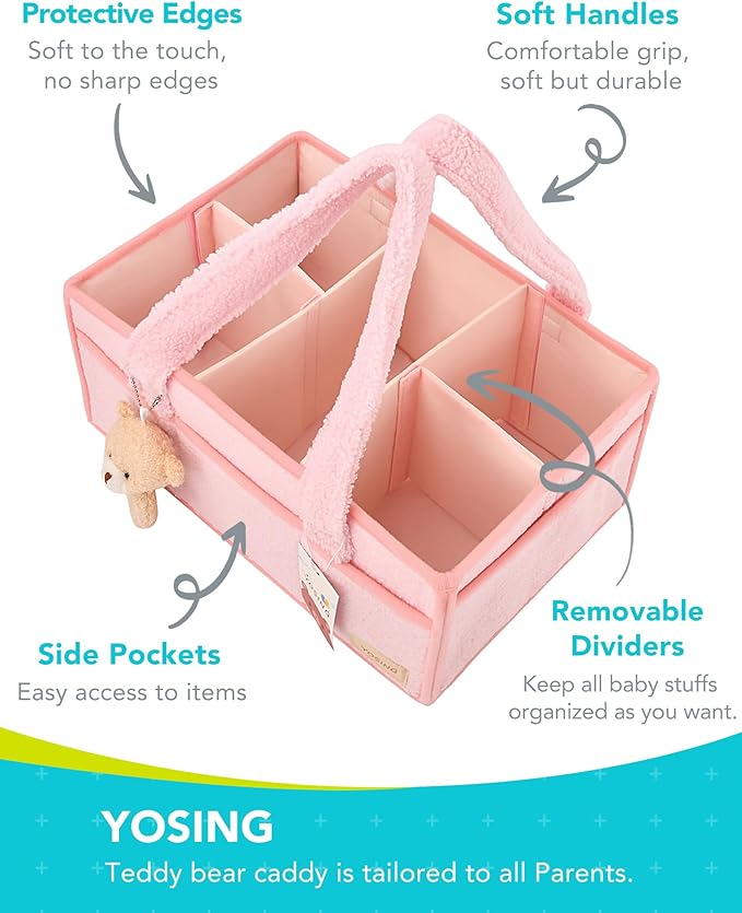 YOSING Cute and Playful Pink Diaper Caddy Organizer, 13 Compartments, Adjustable, Baby Diaper Caddy for Car, Changing Table, Nursery Storage, Car Organizer for Diapers and Baby Wipes