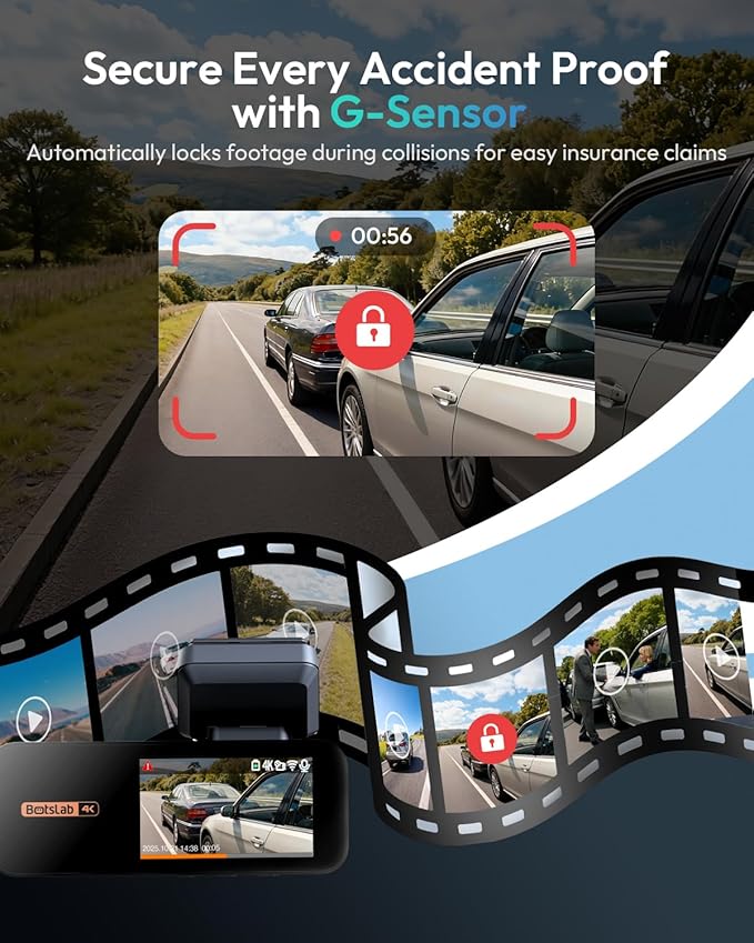 BOTSLAB 4K Dual Dash Cam Front and Rear, IMX415 STARVIS Sensor, True 4K+2K Dash Camera with 170°Wide Angle, Night Vision, 24H Parking Mode, Built-in 5.8GHz WiFi & GPS (No SD Card)