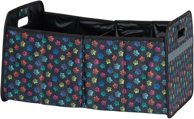 Paws Car Trunk Organizer Foldable Storage Bin with Handles Non Slip Base Pet Gear Travel Tote for SUV Truck (Confetti Paws)