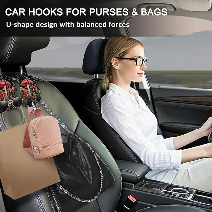 Blusabaca 2PCS Car Seat Back Storage Headrest Hooks, Mushroom Purse Holder Bags Hanger, PU Leather Double Metal Hook for Backseat Organizer, Women Car Accessories Organization