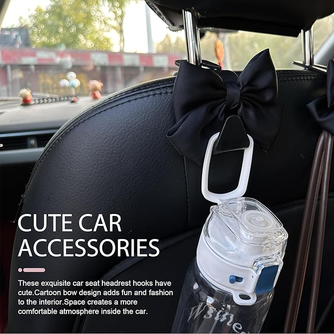 2PCS Car Seat Headrest Hooks, Car Purse Hooks, Cute Bow Shaped Auto Rear Seat Storage Hook Hanger for Purses and Bags, Auto Interior Decoration Accessory for SUV Sedan Truck (Black)
