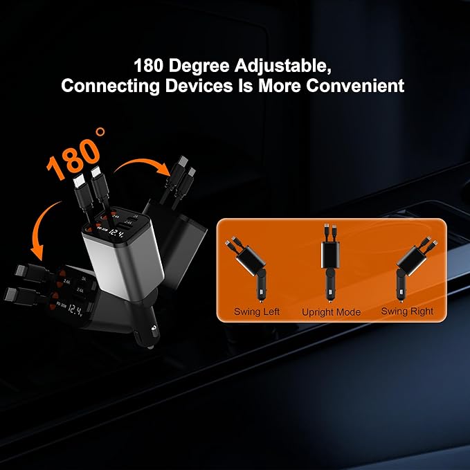 OneFish Starlight Fast Car Charger, 4 in 1 Cigarette Lighter Chargers with USB Type C Ports Retractable Cord Display, for iPhone 17 16 15 14 Pro Max Plus/iPad, Car Truck Essentials Gift for Women Men