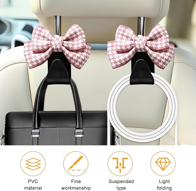Cute Bow Car Seat Headrest Hooks, 2PCS Multifunctional Vehicle Rear Seat Hanging Hooks, Automotive Interior Seatback Storage Organizer for Purses Bags, Universal Fit (Pink/Small)