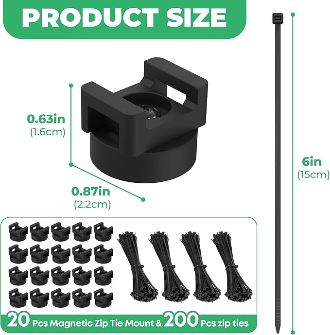 Magnetic Zip Tie Mount with 200pcs Nylon Zip Ties 25LBS Magnetic Wire Holder Multipurpose Magnet Zip Tie Mount, Waterproof Magnet Cable Tie Holders for Automotive Electrical Wiring Management