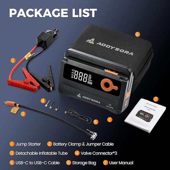 9-in-1 6000A Car Battery Jump Starter with Air Compressor 26800mAh, 150PSI 12V Portable Jump Box with Auto-Shutoff Tire Inflator, 3 Modes Flashlight and Jumper Cables(All Gas/12L Diesel)
