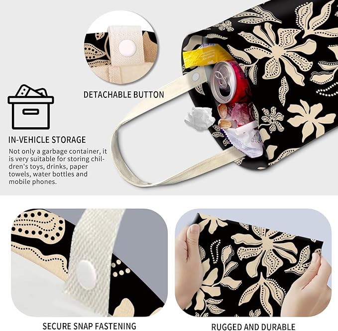 Cute Car Trash Can, Hanging Canvas Car Back Seat Organizer and Storage Bag, Funny Car Trash Bag for Travelling, Outdoor Cute Black White Daisy