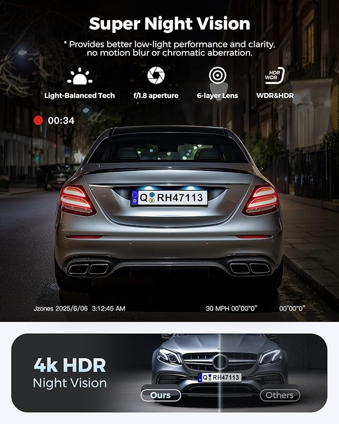 4K Dash Cam Front and Rear, 2 Channel Car Dash Camera with HDR, WiFi 6, Built-in GPS, Night Vision, 170° Wide Angle, G-Sensor, 24H Parking Mode Support, 64GB Card Included