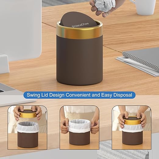 Countertop Trash Can with Lid for Desk Top,0.4 Gallon Stainless Steel Mini Trash Can for Desk、Car、Office、Kitchen,1.5L Swing Top Trash Bin with a Roll of Trash Bag(Brown)
