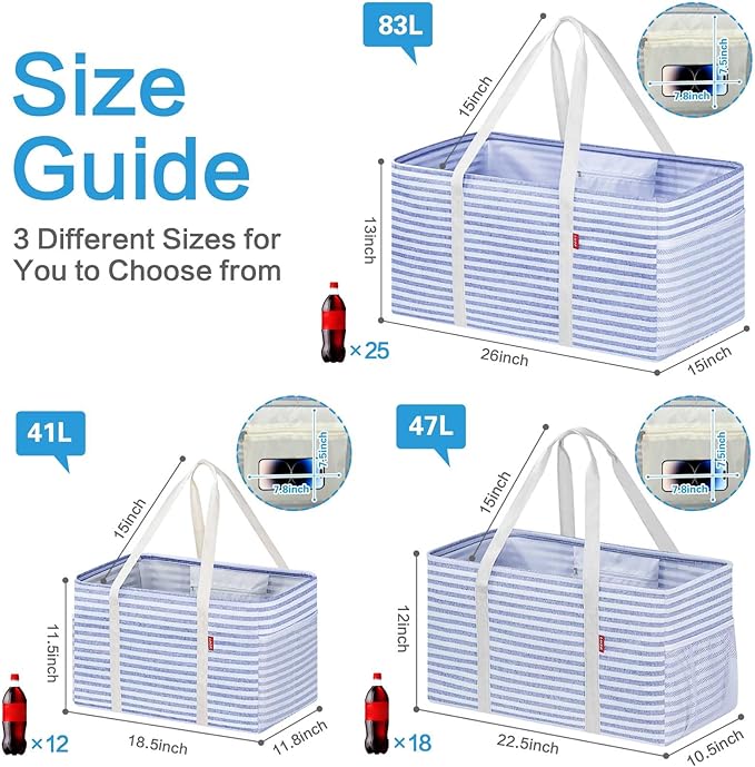 LHZK Standing Extra Large Utility Tote Bag with Metal Wire Frame and the Sides Rinforced, Extra Large Tote Bag with Handle, Reusable Grocery Bags Foldable, Beach Bag, Car Tote (Blue)