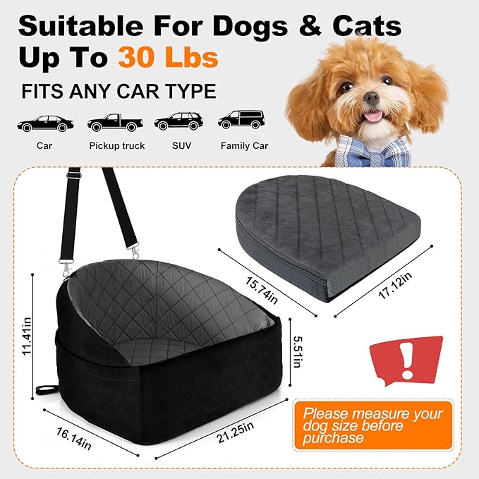 Dog Car Seat for Small Medium Dogs, Dog Booster Seat Travel Bed for Small Dogs up to 30 lbs, for Front/Back Seats – Washable Pet Car Seat with 2 Pockets (Black/Gray)