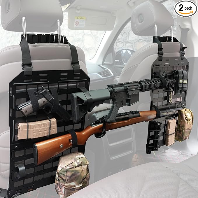 Pridefend 2 Packs Heavy Duty Rigid Tactical Seat Back Gun Rack with Molle Panel Vehicle Gun Holder,All-Steel Tactical Seat Back Organizer for Hunting Rifles/Shotguns