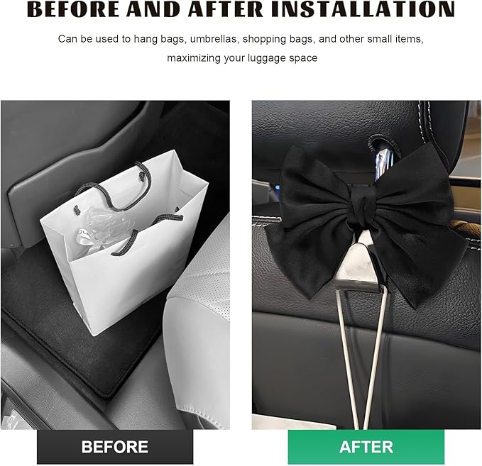 2 PCS Car Seat Headrest Hooks, Adorable Bow Knot Storage Hooks Multipurpose Vehicle Headrest Organizer, Auto Seatback Bowknot Hanger Interior Decoration for Car Truck SUV (Black)