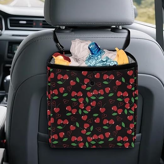 Cherries Car Trash Can Hanging Trash Bin Leak-Proof Collapsible Car Garbage Bag, Car Accessories 2 Gal Large Capacity Multipurpose Storage Container
