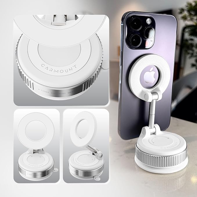 CARMOUNT Clutch-X™ White – Upgraded Vacuum Phone Mount Suction Cup Car Phone Holder for iPhone, Window Phone Mount, 360° Vacuum Magnetic Phone Holder for Car, Magnetic Phone Holder with Suction Cup