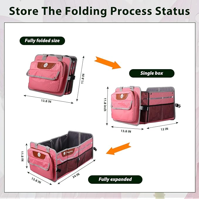 Car Trunk Organizer for SUV, 70L Heavy Duty Waterproof Trunk Organizer, Foldable Vehicle Organizer with Anti-Slip Base, 24”x13.8”x11.8”, Pink-M003