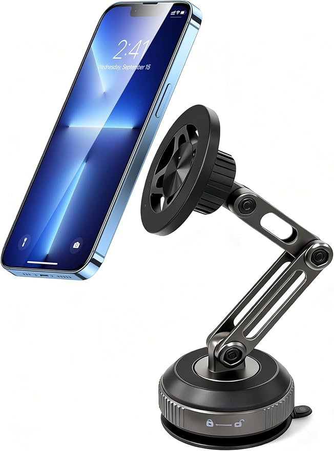 Zinc Alloy Car Phone Mount for Magsafe with N52 Magnet & Vacuum Suction, 360° Rotatable Magnetic Phone Holder for iPhone 17-12, Foldable Phone Stand for Car Windshield, Dashboard and Desk