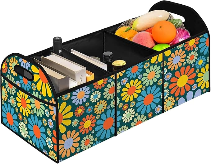 Hippie Flower Car Trunk Storage Box with Pockets Car Accessory for SUVs Cars Automotive Organizer